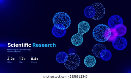 Scientific Medical Research Background. Abstract Science Blue Cells Backdrop with Depth of Field Blur Particles Effect. Futuristic Plant Microbiology. Blue Virus Cells Vector Illustration.