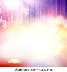 Scientific mesh network with fallen array of numbers over purple background with bokeh. Abstract science design. Vector illustration.