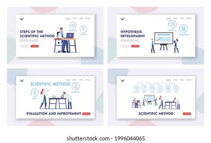 Scientific Method Landing Page Template Set. Scientists Characters Laboratory Investigation. Observation, Question, Hypothesis Or Experiment, Conclusion And Result. Cartoon People Vector Illustration