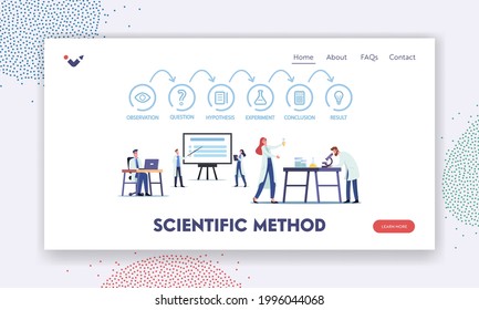 Vorlage für die wissenschaftliche Methodenlandung. Laboruntersuchungen der Wissenschaftler Beobachtung, Frage, Hypothese oder Experiment, Schlussfolgerung und Ergebnis. Vektorgrafik von Cartoon People