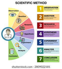 Scientific method semi circle infographic with text descriptions and scientist avatar. Educational science chart showing 7 steps from observation to conclusion vector illustration