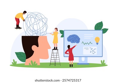 Scientific methods of brain research, analysis of behavior and perception, patient memory pathology. Tiny people untangle cable chaos inside human head to study thoughts cartoon vector illustration