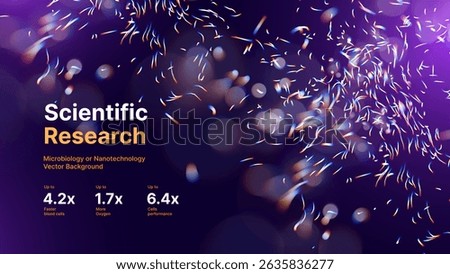 Scientific Micro Particle Field, Abstract Glowing Bacteria or Nanotech Elements in Motion on Purple Background. Dynamic Research Visualization. Science Tech Presentation BG. Vector Illustration.