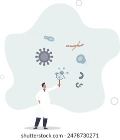 Scientific microbiology study with microorganisms growth and analysis.flat illustration