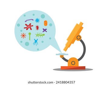 Scientific Microscope Exploring Viruses and Gems Flat Style. Science and laboratory concept vector art