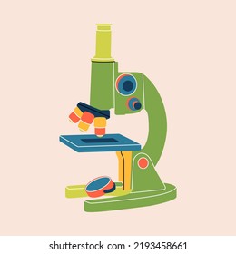 Scientific Microscope In A Simple  Flat Color Line Style. Chemistry, Biology, Medicine, Lab Equipment, Research, Biotechnology. Abstract Minimalist Trend Illustration For Logo, Sticker, Icon, Badge.