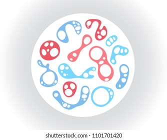 Scientific microscopic amoebas and cells floating in a petri dish under a microscope. Set of abstract vector odd irregular blobs or liquid bonded together. Pink and blue biologic matter.