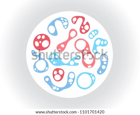 Scientific microscopic amoebas and cells floating in a petri dish under a microscope. Set of abstract vector odd irregular blobs or liquid bonded together. Pink and blue biologic matter.