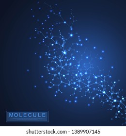 Scientific molecule background DNA double helix illustration with shallow depth of field. Mysterious wallpaper or banner with a DNA molecules. Genetics information vector.