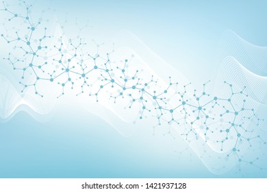 Scientific molecule background DNA double helix illustration with shallow depth of field. Mysterious wallpaper or banner with a DNA molecules. Genetics information vector.