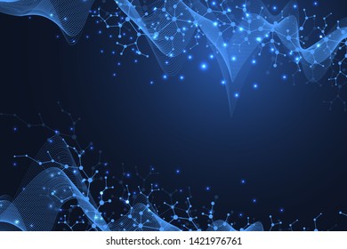 Scientific molecule background DNA double helix illustration with shallow depth of field. Mysterious wallpaper or banner with a DNA molecules. Genetics information vector.