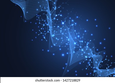 Scientific molecule background DNA double helix illustration with shallow depth of field. Mysterious wallpaper or banner with a DNA molecules. Genetics information vector.