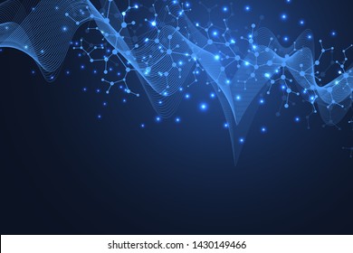 Scientific molecule background DNA double helix illustration with shallow depth of field. Mysterious wallpaper or banner with a DNA molecules. Genetics information vector.