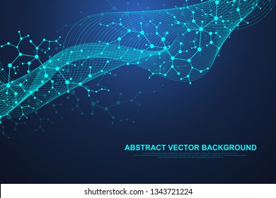 Scientific molecule background for medicine, science, technology, chemistry. Waves flow. Wallpaper or banner with a DNA molecules. Vector geometric dynamic illustration.