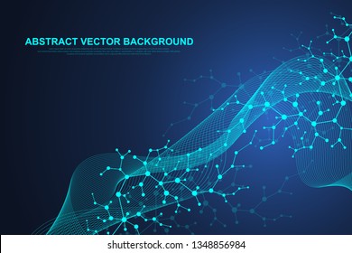 Wissenschaftlicher Hintergrund für Medizin, Wissenschaft, Technologie, Chemie. Wellen fließen. Tapete oder Banner mit DNA-Molekülstruktur, Punkten, Linien. Vektorgeometrische dynamische Abbildung.