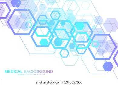 Scientific molecule background for medicine, science, technology, chemistry. Waves flow. Wallpaper or banner with DNA molecules structure, dots, lines. Vector geometric dynamic illustration.