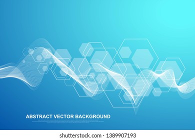 Scientific molecule background for medicine, science, technology, chemistry. Waves flow. Wallpaper or banner with DNA molecules structure, dots, lines. Vector geometric dynamic illustration.