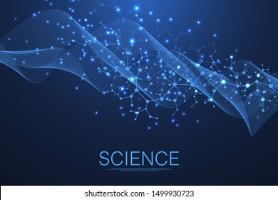Scientific molecule background for medicine, science, technology, chemistry. Science template wallpaper or banner with a DNA molecules. Dynamic wave flow. Molecular vector illustration