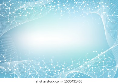 Scientific molecule background for medicine, science, technology, chemistry. Science template wallpaper or banner with a DNA molecules. Dynamic wave flow. Molecular vector illustration