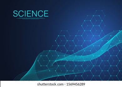 Scientific molecule background for medicine, science, technology, chemistry. Science template wallpaper or banner with a DNA molecules. Dynamic wave flow DNA. Molecular vector illustration