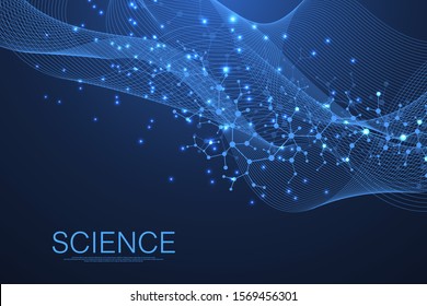 Scientific molecule background for medicine, science, technology, chemistry. Science template wallpaper or banner with a DNA molecules. Dynamic wave flow. Molecular vector illustration - Shutterstock ID 1569456301