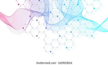 Scientific molecule background for medicine, science, technology, chemistry. Science template wallpaper or banner with a DNA molecules. Dynamic wave flow DNA. Molecular vector illustration