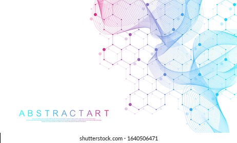 Scientific molecule background for medicine, science, technology, chemistry. Science template wallpaper or banner with a DNA molecules. Dynamic wave flow DNA. Molecular vector illustration