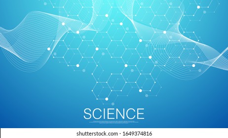 Scientific molecule background for medicine, science, technology, chemistry. Science template wallpaper or banner with a DNA molecules. Dynamic wave flow DNA. Molecular vector illustration