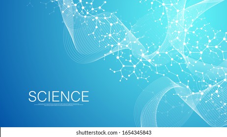 Scientific molecule background for medicine, science, technology, chemistry. Science template wallpaper or banner with a DNA molecules. Dynamic wave flow DNA. Molecular vector illustration