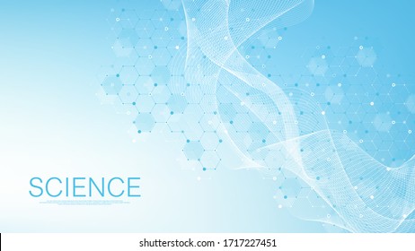 Scientific molecule background for medicine, science, technology, chemistry. Science template wallpaper or banner with a DNA molecules. Dynamic wave flow DNA. Molecular vector illustration