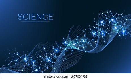 Scientific molecule background for medicine, science, technology, chemistry. Wallpaper or banner with a DNA molecules, DNA digital, sequence, code structure. Vector illustration - Shutterstock ID 1877034982