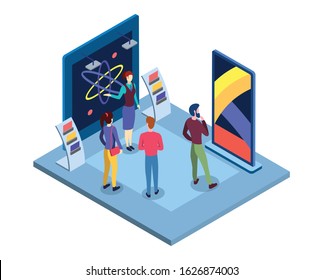 Scientific Museum Isometric Vector Illustration. Science Fair Presentation, Tradeshow Promoter And Visitors Flat Characters. Commercial Exposition, Tradeshow Exhibition Place 3d Interior