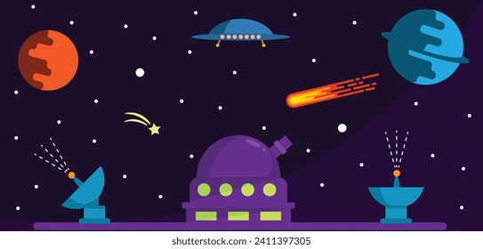Scientific Observatory and Outer Space Flat Style. Science and cosmos exploration topic vector art