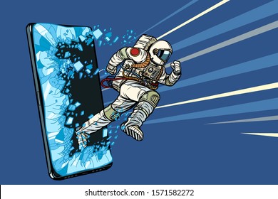 Scientific online applications concept. Astronaut runs through a smartphone. Online Internet application service program. Pop art retro vector illustration drawing vintage kitsch