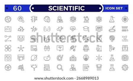 Scientific outline icon set highlights essential elements of scientific trials and medical research. Ideal for illustrating protocols, data validation, risk evaluation, and regulatory compliance. 
