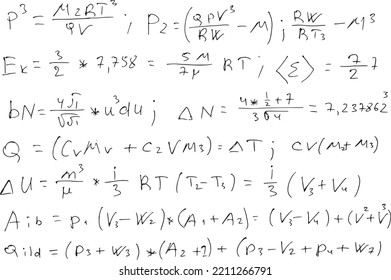 Scientific physical formulas and calculations. educational background hand-drawn on white..