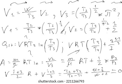 Scientific physical formulas and calculations. educational background hand-drawn on white..