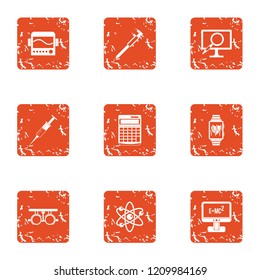 Scientific progress icons set. Grunge set of 9 scientific progress vector icons for web isolated on white background