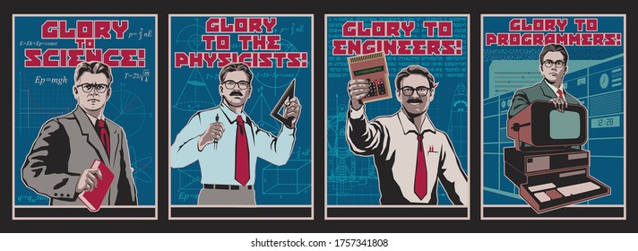 Scientific Propaganda Posters for Scietists, Engineers, Physicists, Programmers, Men with Glasses, Computers, Calculator, Books, Divider and Ruler, Formulas, Blueprint Papers