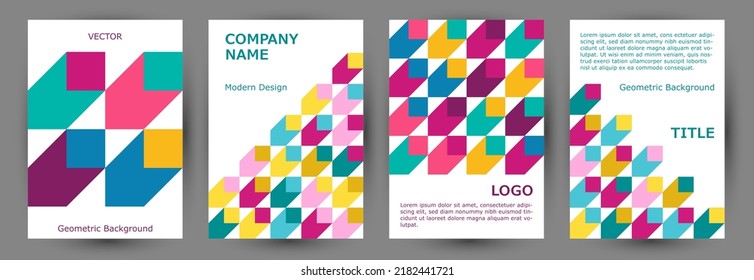 Scientific publication cover layout collection geometric design. Minimalist style simple folder layout collection vector. Mosaic geometric shapes texture vertical cover design