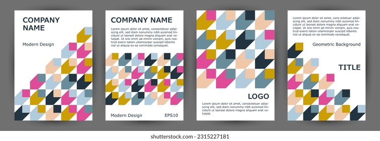 Scientific publication cover layout collection geometric design. Memphis style modern front page layout collection Eps10. Mosaic geometric shapes texture A4 card design