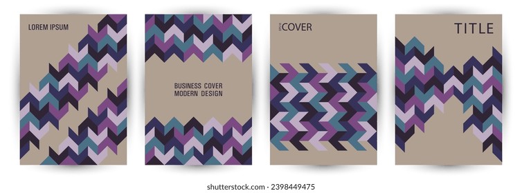 Scientific publication cover page mokup set vector design. Memphis style premium certificate layout set vector. Mosaic geometric shapes structure vertical cover design