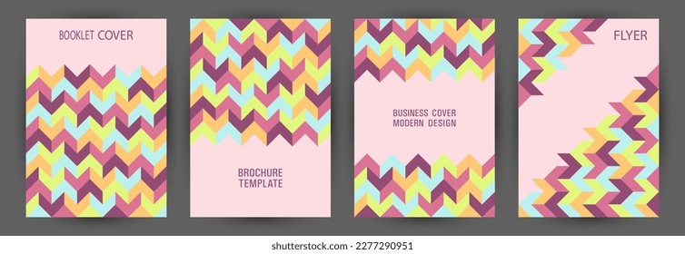 Scientific publication front page layout set graphic design. Minimalist style colorful journal mockup set Eps10. Mosaic geometric shapes structure A4 card design