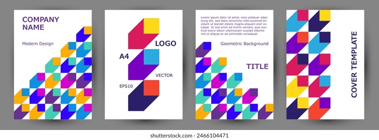 Scientific publication front page layout collection graphic design. Minimalist style abstract certificate template collection vector. Mosaic geometric shapes structure A4 card design