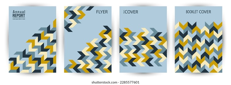 Scientific publication front page mokup set vector design. Memphis style retro flyer template set Eps10. Mosaic geometric shapes texture A4 cover design