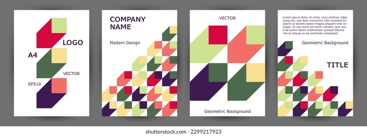 Scientific publication front page mokup collection graphic design. Memphis style isometric album layout collection vector. Mosaic geometric shapes background A4 card design