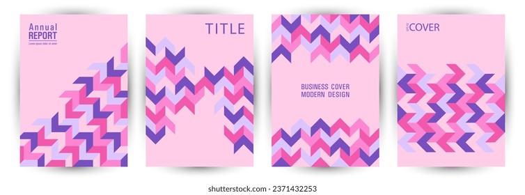 Scientific publication front page mokup set vector design. Bauhaus style isometric pamphlet layout set Eps10. Mosaic geometric shapes texture A4 cover design
