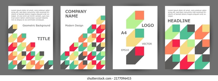 Scientific publication front page template collection vector design. Bauhaus style retro folder mockup collection vector. Tile geometric elements composition vertical cover design