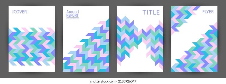 Scientific publication front page template set graphic design. Minimalist style isometric journal mockup set vector. Mosaic geometric shapes texture A4 cover design