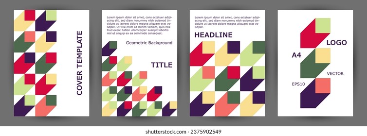 Scientific publication front page template collection vector design. Bauhaus style premium journal mockup collection Eps10. Tile geometric elements structure vertical cover design